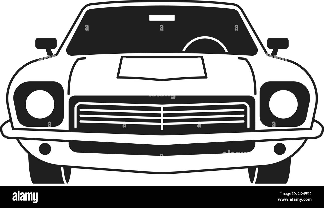 Auto Y2K retro anni '70 auto anni '80 trasporto passeggeri cartone animato linea monocromatica icona scanalata illustrazione vettoriale. Auto a motore d'epoca per driv Illustrazione Vettoriale