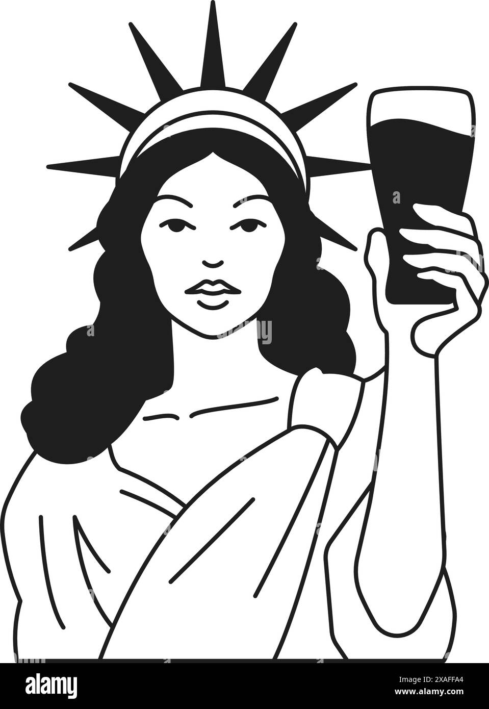 Y2K Statua della libertà psichedelica con bicchiere di birra linea monocromatica retro groove icona vettoriale. Strano monumento simbolo di libertà e indep Illustrazione Vettoriale