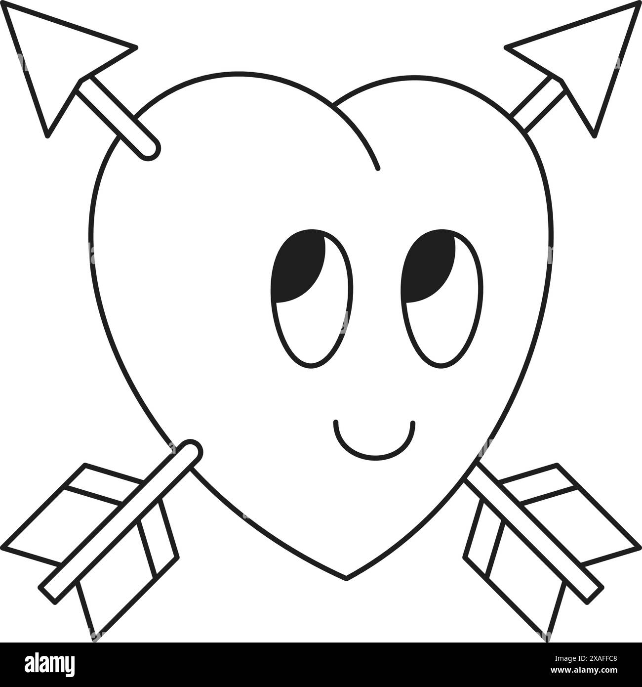 Y2K carino cuore con frecce incrociate adorano romantico personaggio dei cartoni animati linea monocromatica icona goovy retro illustrazione vettoriale. Comic Enamored Element Valen Illustrazione Vettoriale