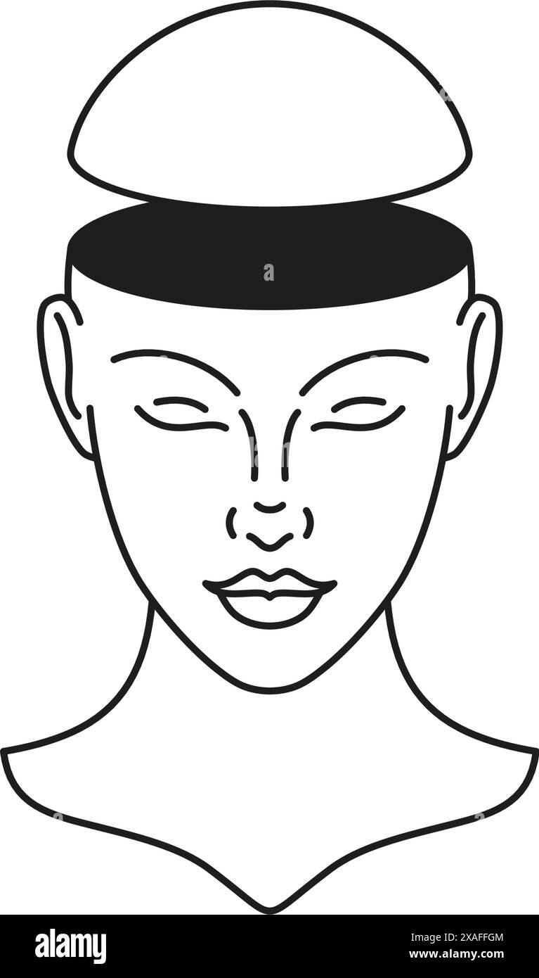 Y2K cyber Woman testa aperta busto psichedelico linea monocromatica retro groove icona vettoriale. Strano ritratto femminile fantasia surreale imaginati Illustrazione Vettoriale