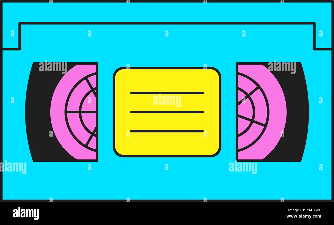 Cassetta video retro Y2K per contenuti multimediali elemento cartoon illustrazione piatta vettoriale con icone in stile gotico. Tecnologia multimediale vintage per recordin Illustrazione Vettoriale