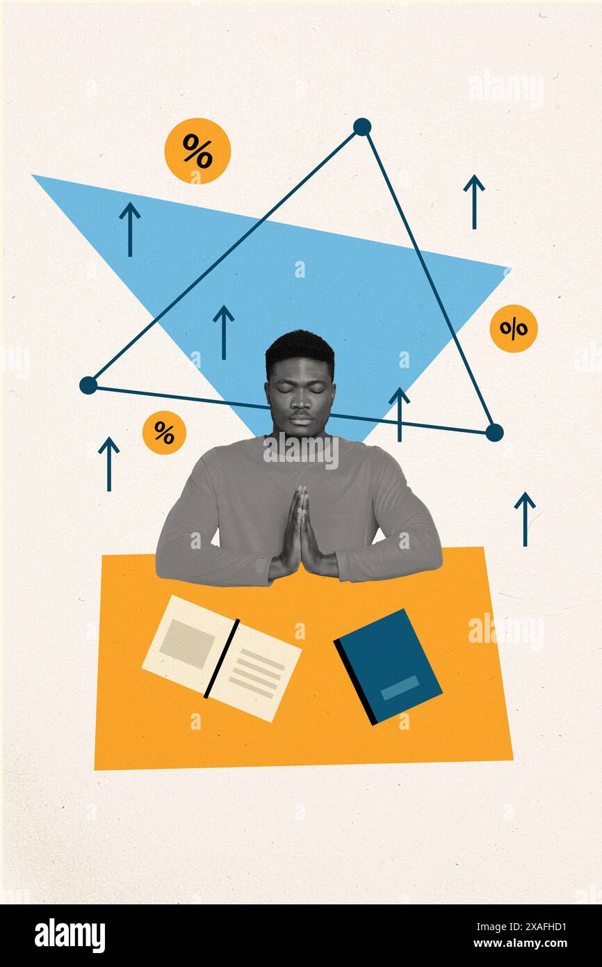 Immagine collage composito di meditazione uomo yoga percentuale guadagnare soldi matematica economia strana bizzarra insolita fantasia cartellone pubblicitario Foto Stock