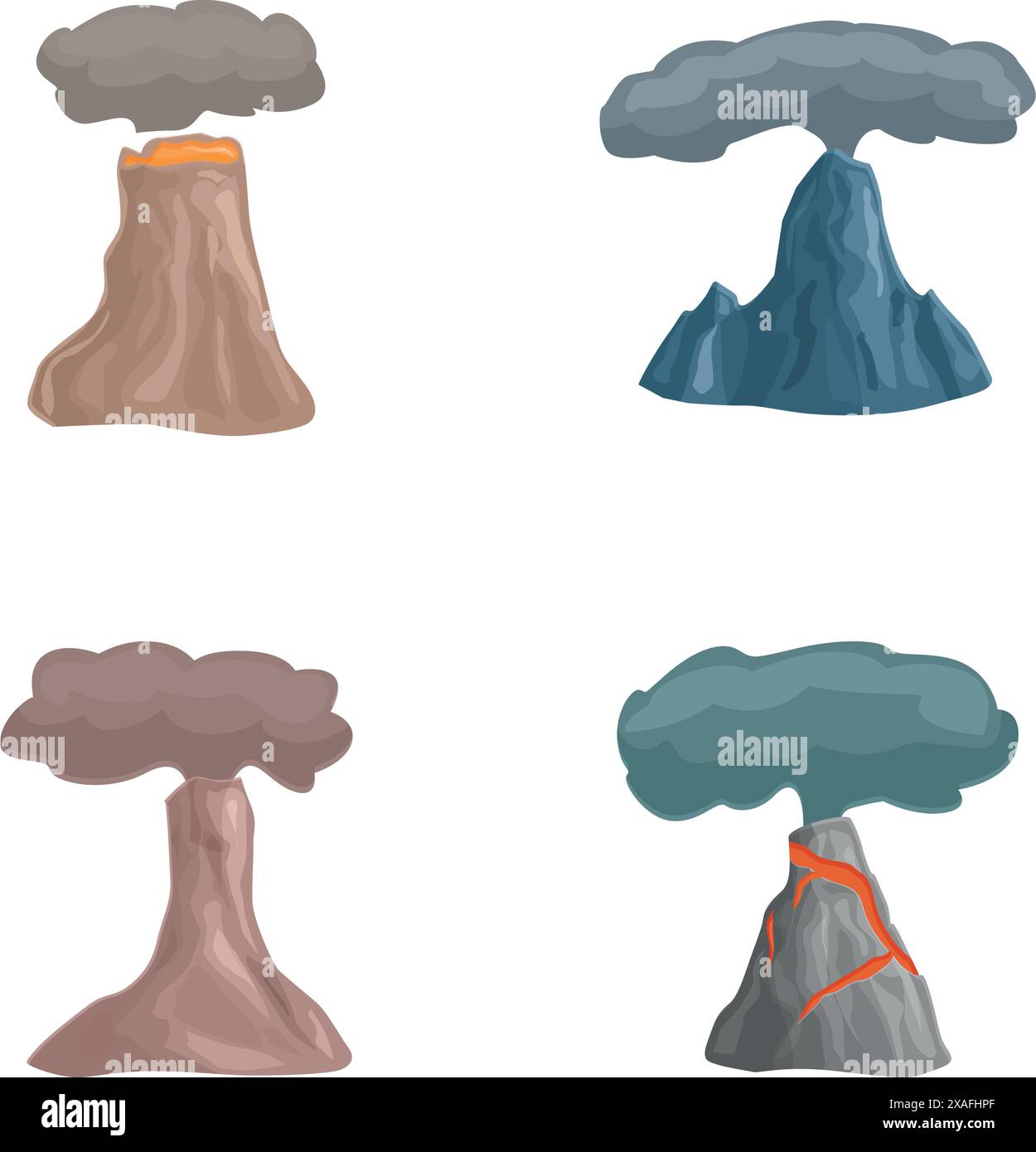 Le icone dell'eruzione vulcanica impostano il vettore dei cartoni animati. Eruzione vulcanica con lava in fiamme. Disastro naturale Illustrazione Vettoriale