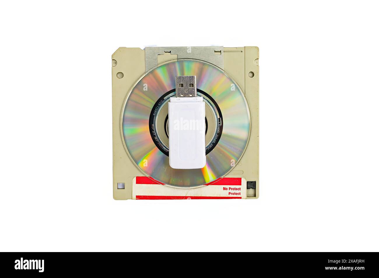 Archiviazione dati elettronica retrò vintage, memoria esterna in computer Organization, dispositivi da 80, 90, cd, unità flash. Bianco isolato Foto Stock