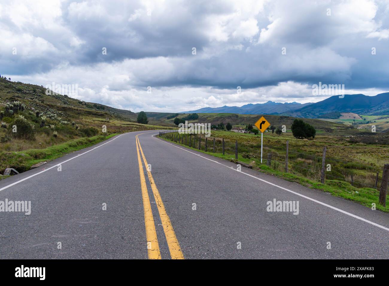 paesaggio montuoso con una strada che scompare all'orizzonte in un clima freddo e verdi pascoli laterali Foto Stock