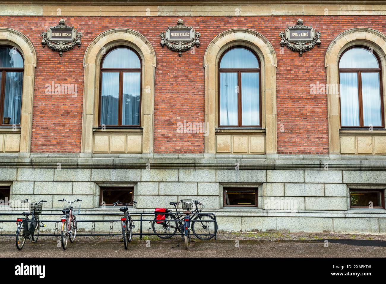 Le targhe con i nomi di scienziati famosi adornano la facciata in mattoni dell'antico edificio principale dell'Università di Uppsala (Universitas Regia Upsaliensis), tra cui Torbern Bergman, Anders Celsius e Carl von Linné. Le biciclette si appoggiano a una ringhiera davanti alla facciata. Biskopsgatan, Uppsala, Contea di Uppsala, Svezia. Foto Stock