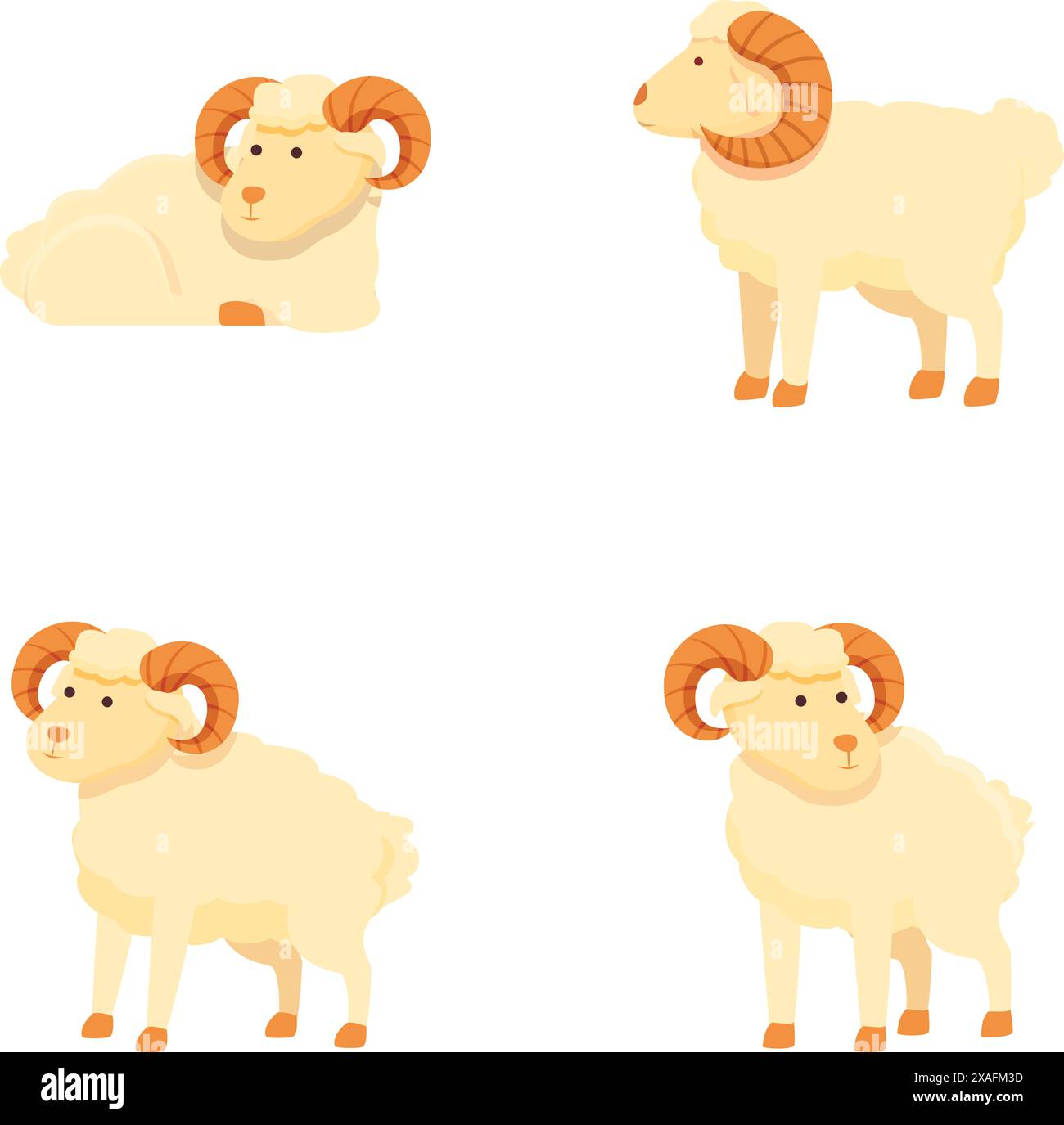 Adorabile collezione di montoni cartoni animati con simpatici personaggi animali. Illustrazioni del bestiame di allevamento e delle pecore lanose nella clipart vettoriale. Perfetto per l'educazione in età prescolare. Libri di fiabe per bambini Illustrazione Vettoriale