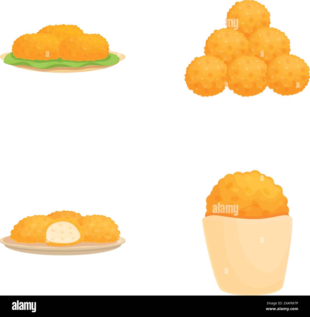 Set di quattro piatti illustrati a base di uova di pesce su piatti e in una ciotola, isolata sul bianco Illustrazione Vettoriale