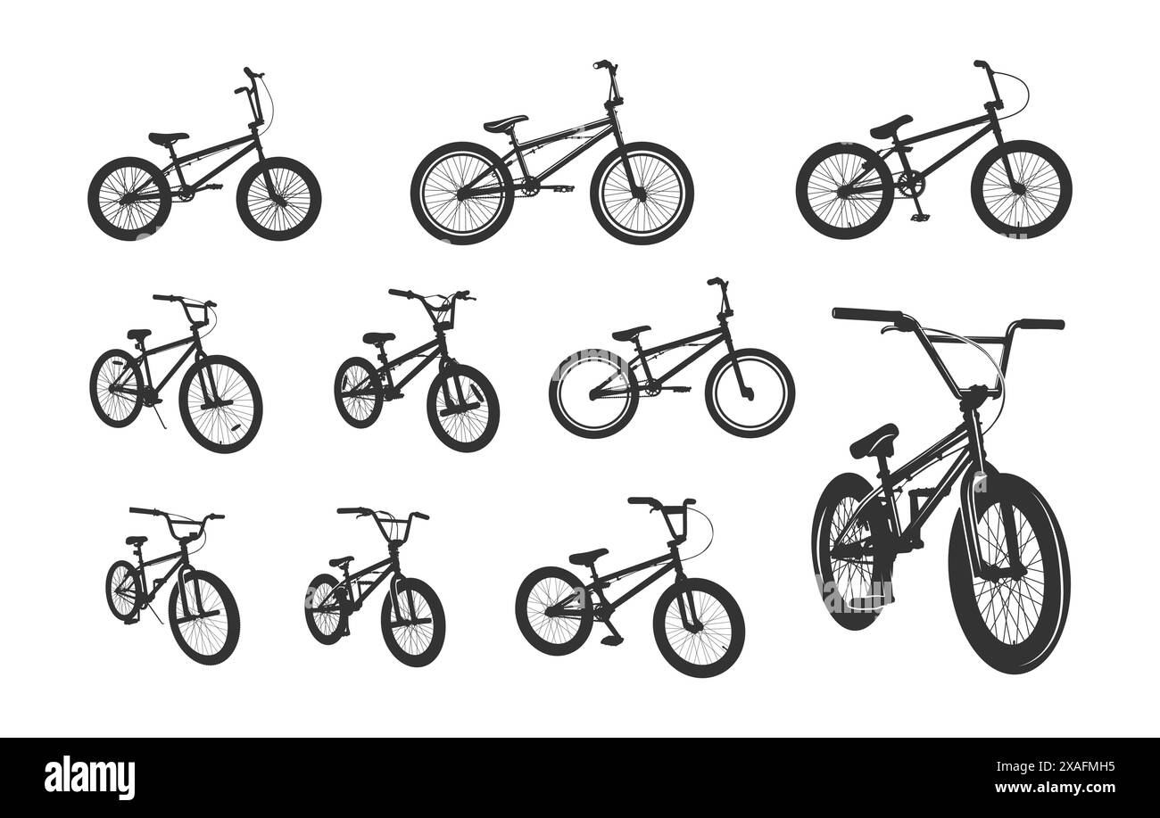 Silhouette per bicicletta BMX, silhouette BMX, silhouette per bicicletta, clipart per bicicletta BMX, set vettoriale per bicicletta BMX. Illustrazione Vettoriale