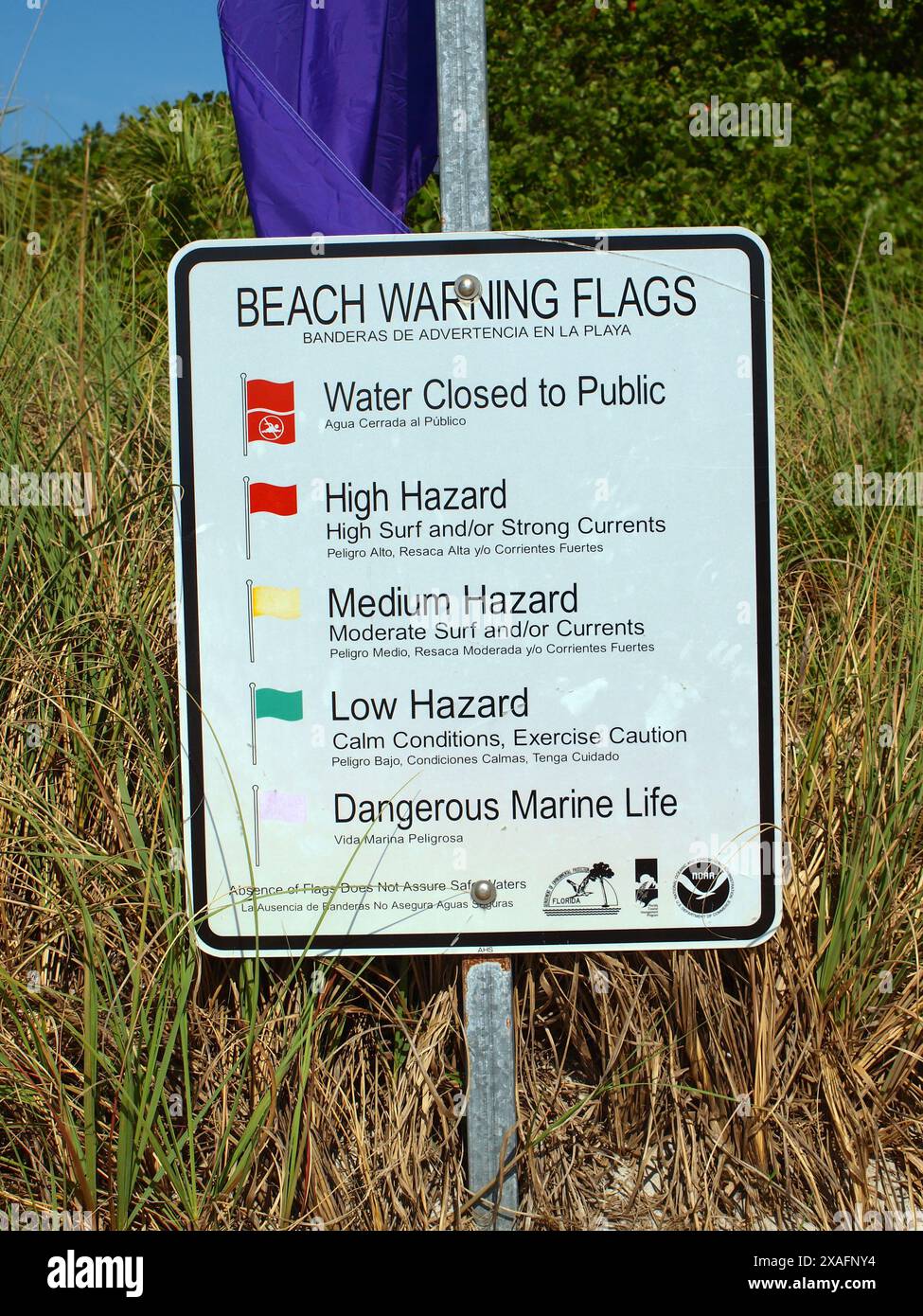 Miami, Florida, Stati Uniti - 7 aprile 2024: Cartello che spiega il significato delle bandiere di avvertimento sulla spiaggia nel Bill Baggs Cape Florida State Park. Editoriale. Foto Stock