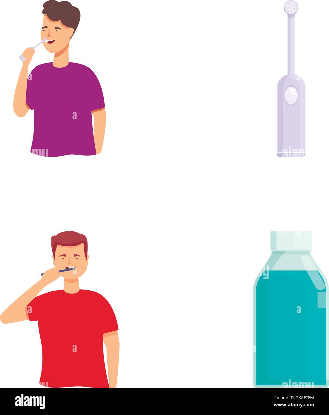 Serie di illustrazioni che mostrano una persona che pulisce denti e articoli per l'igiene dentale Illustrazione Vettoriale