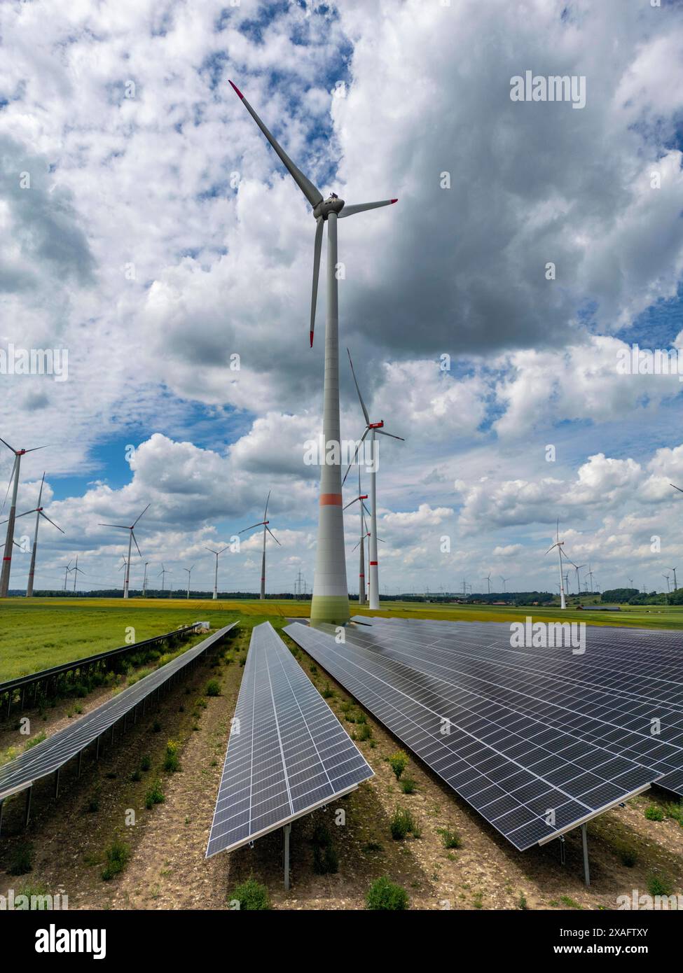 Windpark bei Marsberg, Photovoltaik Anlage, Nutzung von Flächen für Energien rigenerativa, Hochsauerlandkreis, NRW, Deutschland, Windpark PV *** Parcheggio eolico vicino a Marsberg, impianto fotovoltaico, uso di terreni per energie rinnovabili, Hochsauerlandkreis, NRW, Germania, parco eolico PV Foto Stock