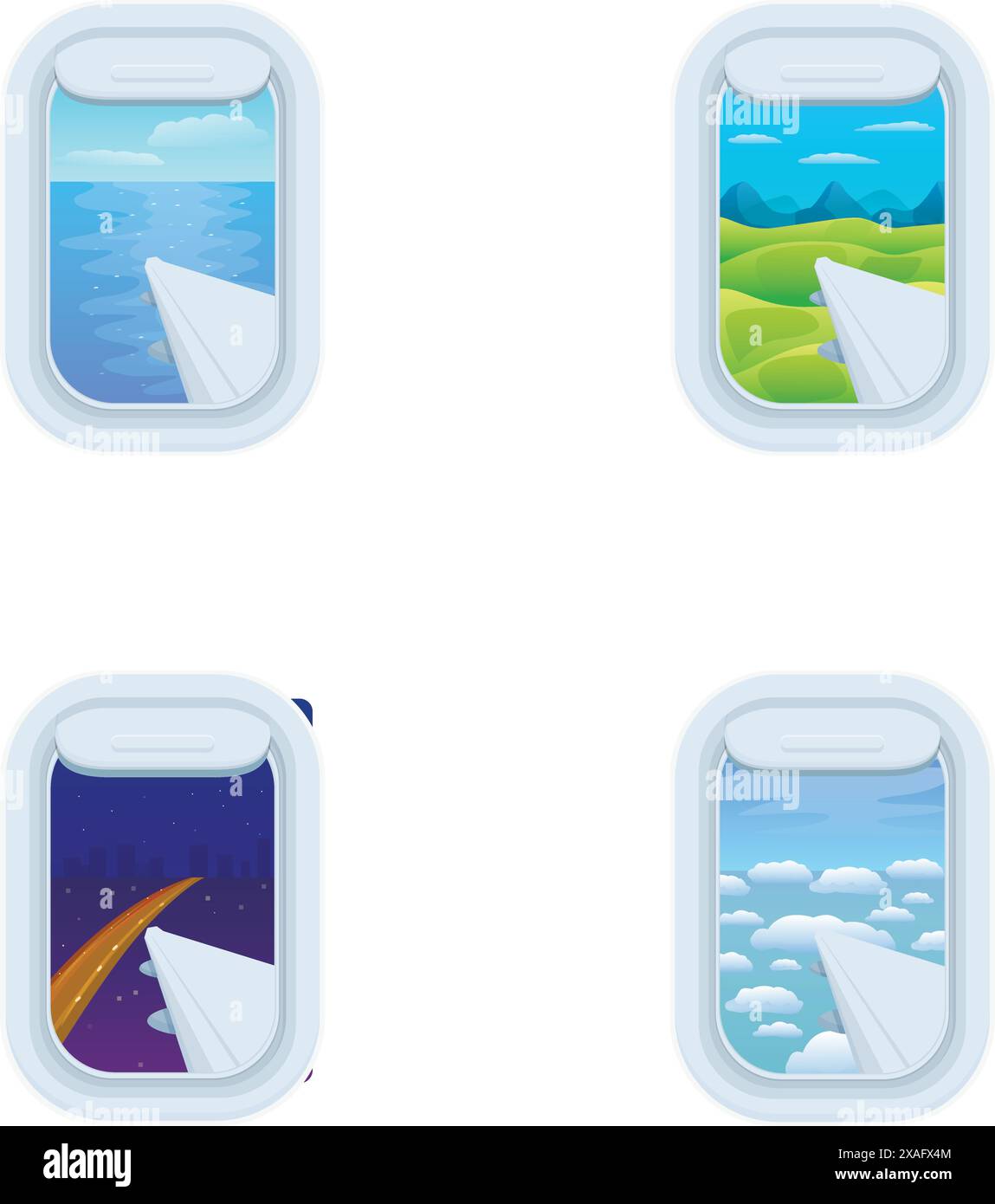Collezione di illustrazioni che raffigurano vari paesaggi visti dalla finestra di un aereo Illustrazione Vettoriale