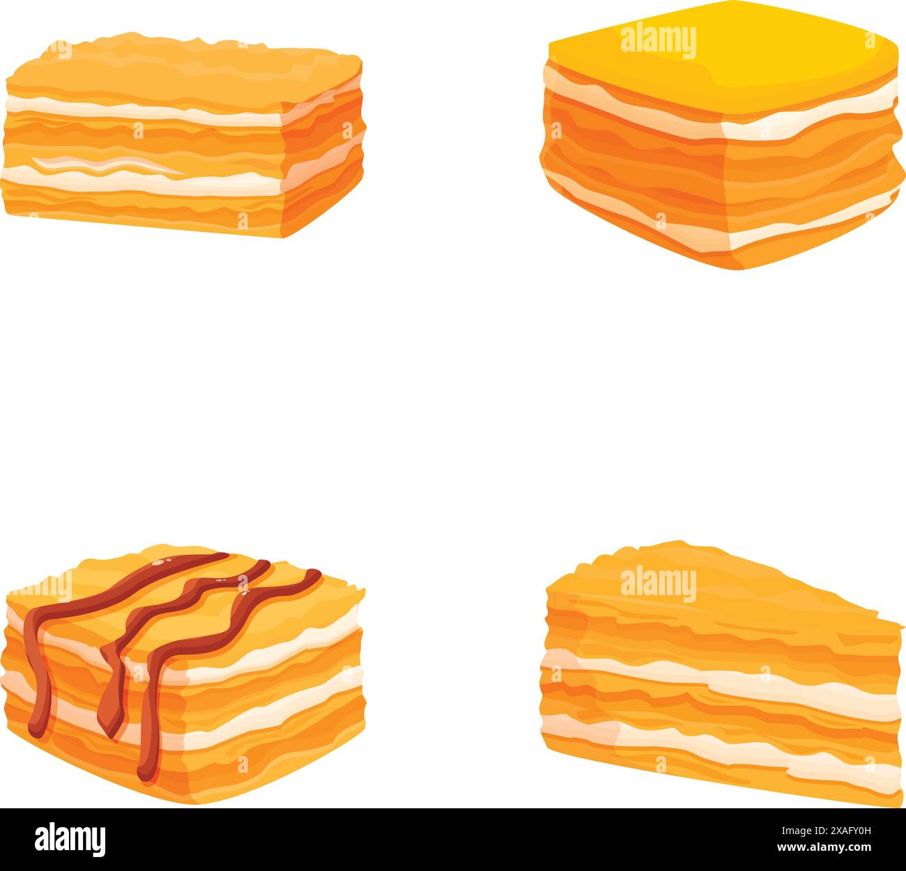 Vivace set di quattro illustrazioni di torta a strati in stile cartoni animati, perfetto per disegni a tema dessert Illustrazione Vettoriale