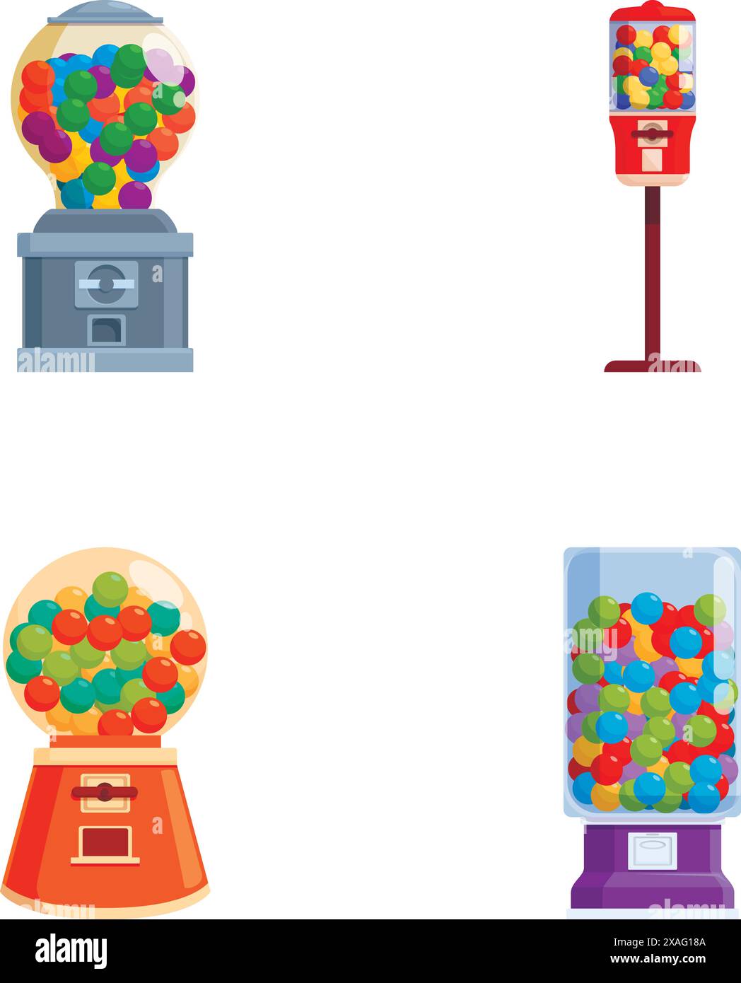 Set di quattro illustrazioni vibranti del dispenser di gommball, isolate su sfondo bianco Illustrazione Vettoriale