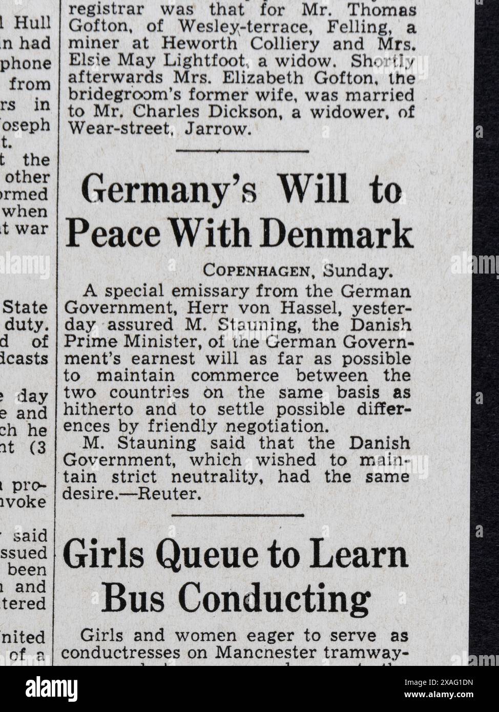 "La Germania sarà la pace con la Danimarca" titolo del Daily mail (replica) 4 settembre 1939, sullo scoppio della seconda guerra mondiale. Foto Stock