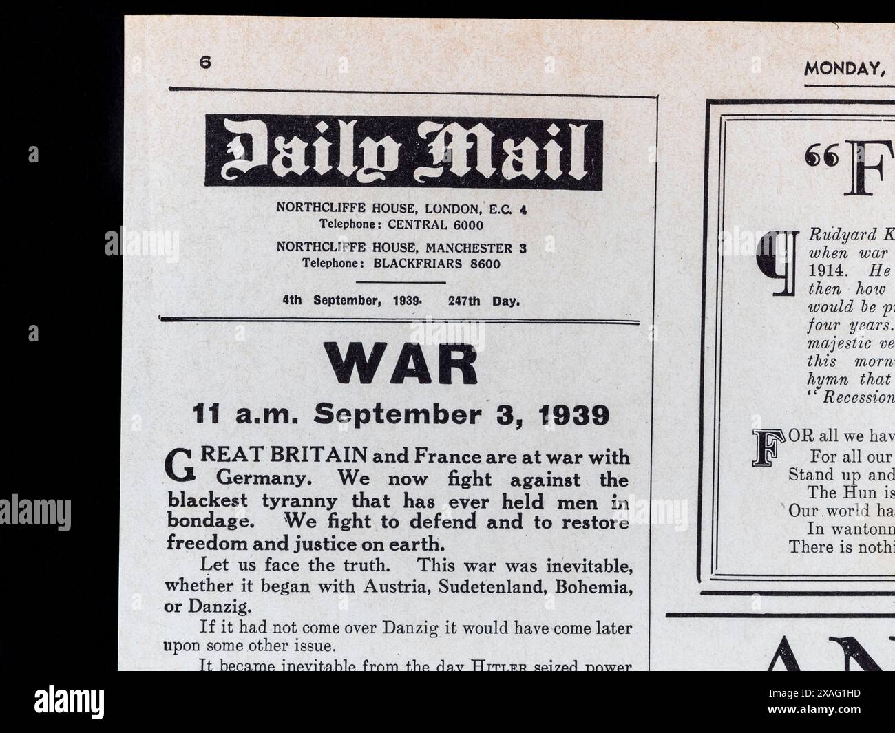 "War" Editors Opinion article in the Daily mail (replica) 4 settembre 1939, sullo scoppio della seconda guerra mondiale. Foto Stock