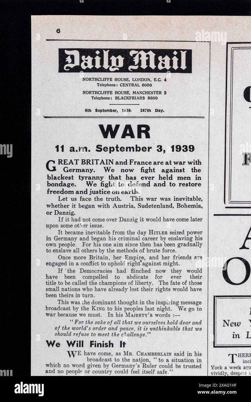 "War" Editors Opinion article in the Daily mail (replica) 4 settembre 1939, sullo scoppio della seconda guerra mondiale. Foto Stock