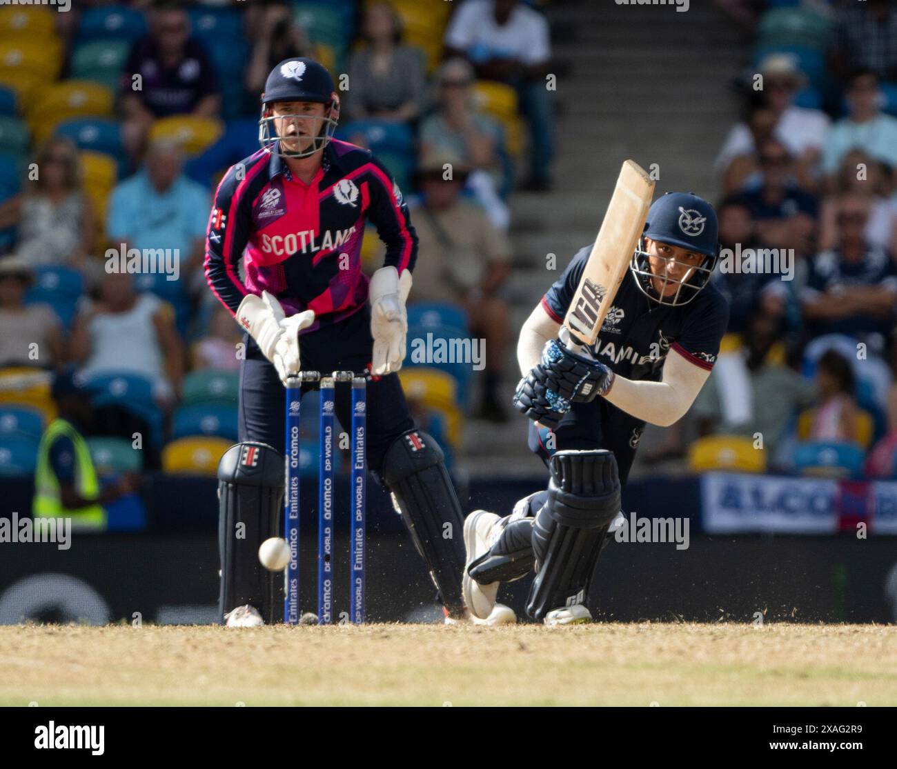 Bridgetown, Barbados. 6 giugno 2024. ICC T20 Coppa del mondo maschile 2024 - Namibia contro Scotland Single per il guardiano del wicket namibiano, Zane Green, mentre la Namibia affronta la Scozia nella Coppa del mondo ICC T20 a Kensington Oval, Bridgetown, Barbados. Crediti: Ian Jacobs/Alamy Live News Foto Stock