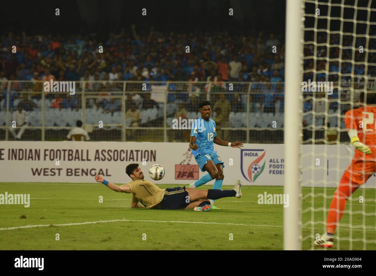 Kolkata, India. 6 giugno 2024. Partita di qualificazione per la Coppa del mondo FIFA 2026 Asia tra India e Kuwait al Salt Lake Stadium di Kolkata il 6 giugno 2024. (Foto di Dipa Chakraborty/Pacific Press) credito: Pacific Press Media Production Corp./Alamy Live News Foto Stock