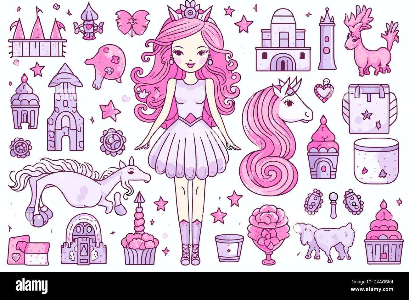 elementi relativi alla principessa unicorno e al castello in rosa Illustrazione Vettoriale