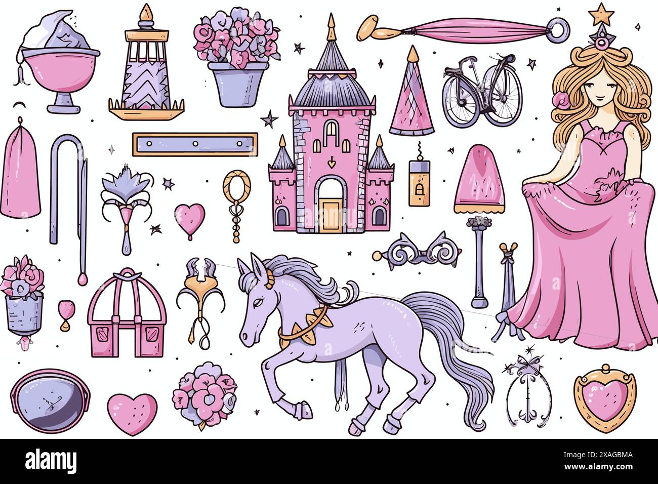 elementi relativi alla principessa unicorno e al castello in rosa Illustrazione Vettoriale