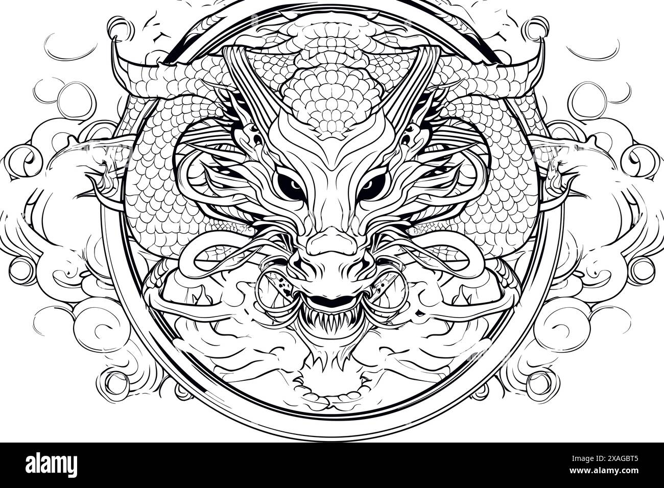 Un semplice disegno di un drago nel profilo. Perfetto per colorare o tatuare. Tema cinese Illustrazione Vettoriale