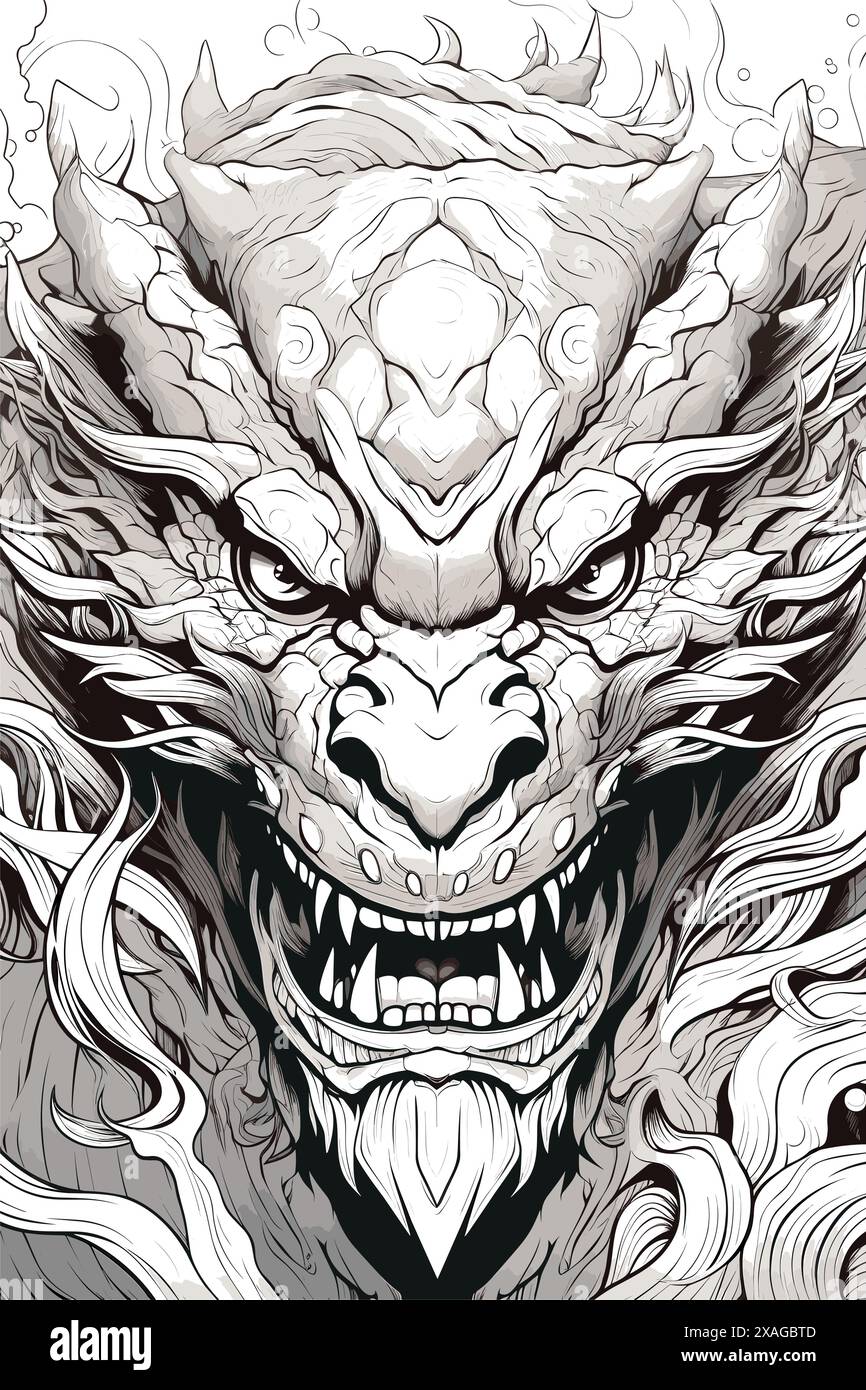 Un semplice disegno di un drago nel profilo. Perfetto per colorare o tatuare. Tema cinese Illustrazione Vettoriale