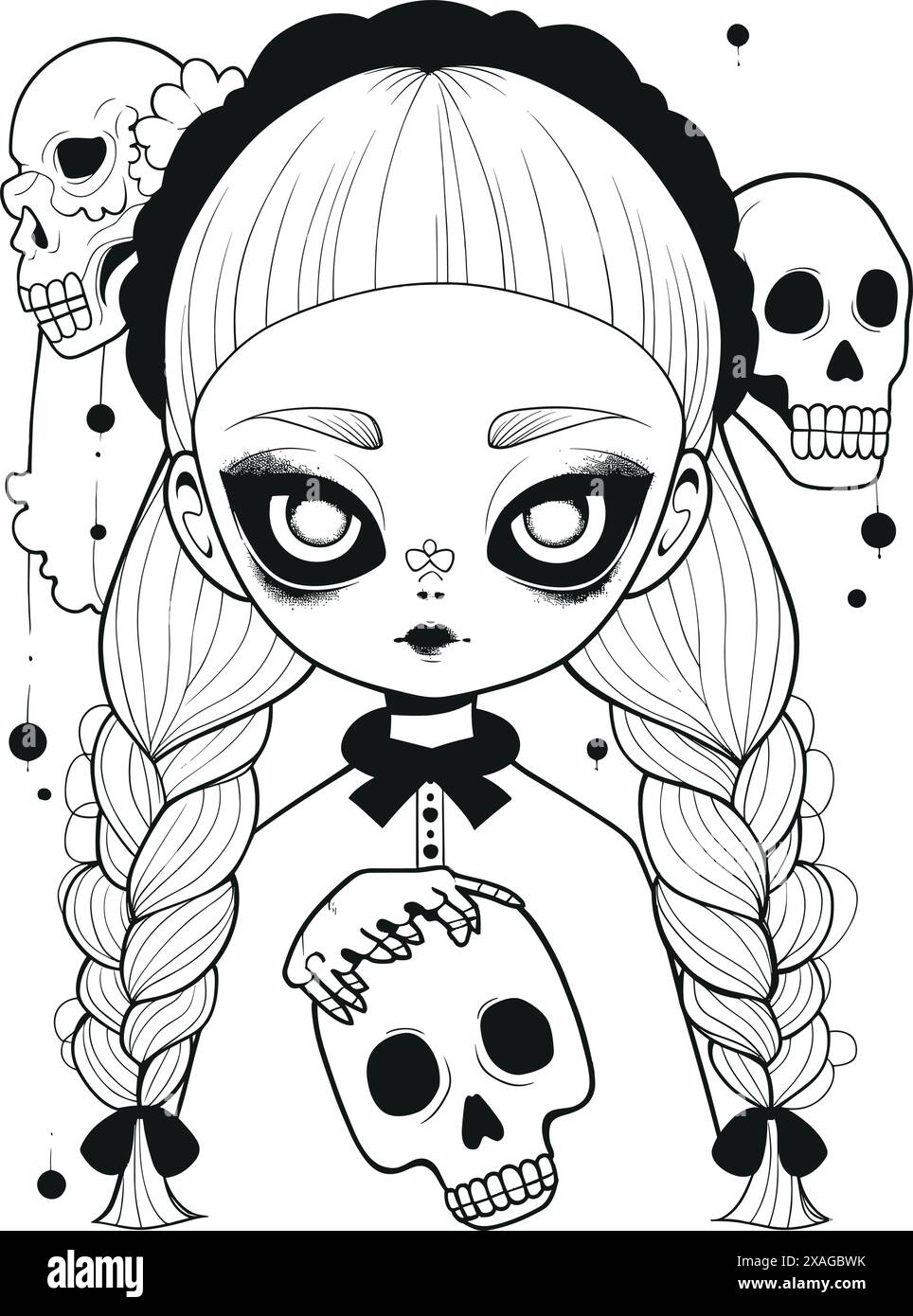 Bambola dall'espressione spaventosa e sinistrorsa, Spooky Gothic Horror Coloring Page, disegno lineare, contorno forte Illustrazione Vettoriale