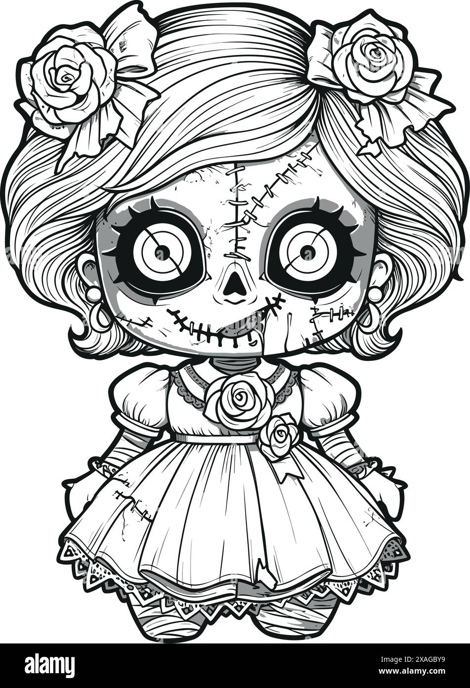 Bambola dall'espressione spaventosa e sinistrorsa, Spooky Gothic Horror Coloring Page, disegno lineare, contorno forte Illustrazione Vettoriale