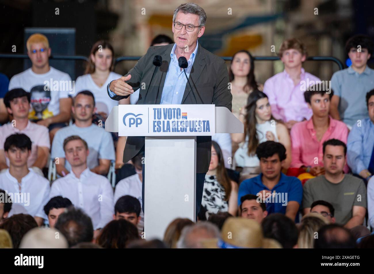 Madrid, Spagna. 6 giugno 2024. Alberto Nunez Feijoo, presidente del PP, ha parlato durante la cerimonia di chiusura della campagna elettorale del Partito Popolare per le elezioni del Parlamento europeo. (Foto di Alberto Gardin/SOPA Images/Sipa USA) credito: SIPA USA/Alamy Live News Foto Stock