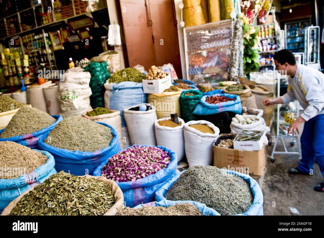 Spezie colorate in vendita nei vivaci mercati marocchini. Foto Stock
