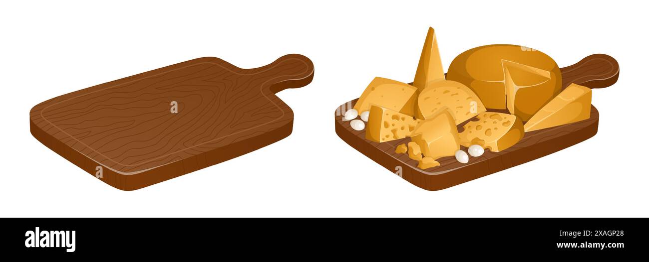Set di taglieri con cibo e senza. Diversi tipi di formaggi sul tagliere in stile realistico. Illustrazione vettoriale. Illustrazione Vettoriale