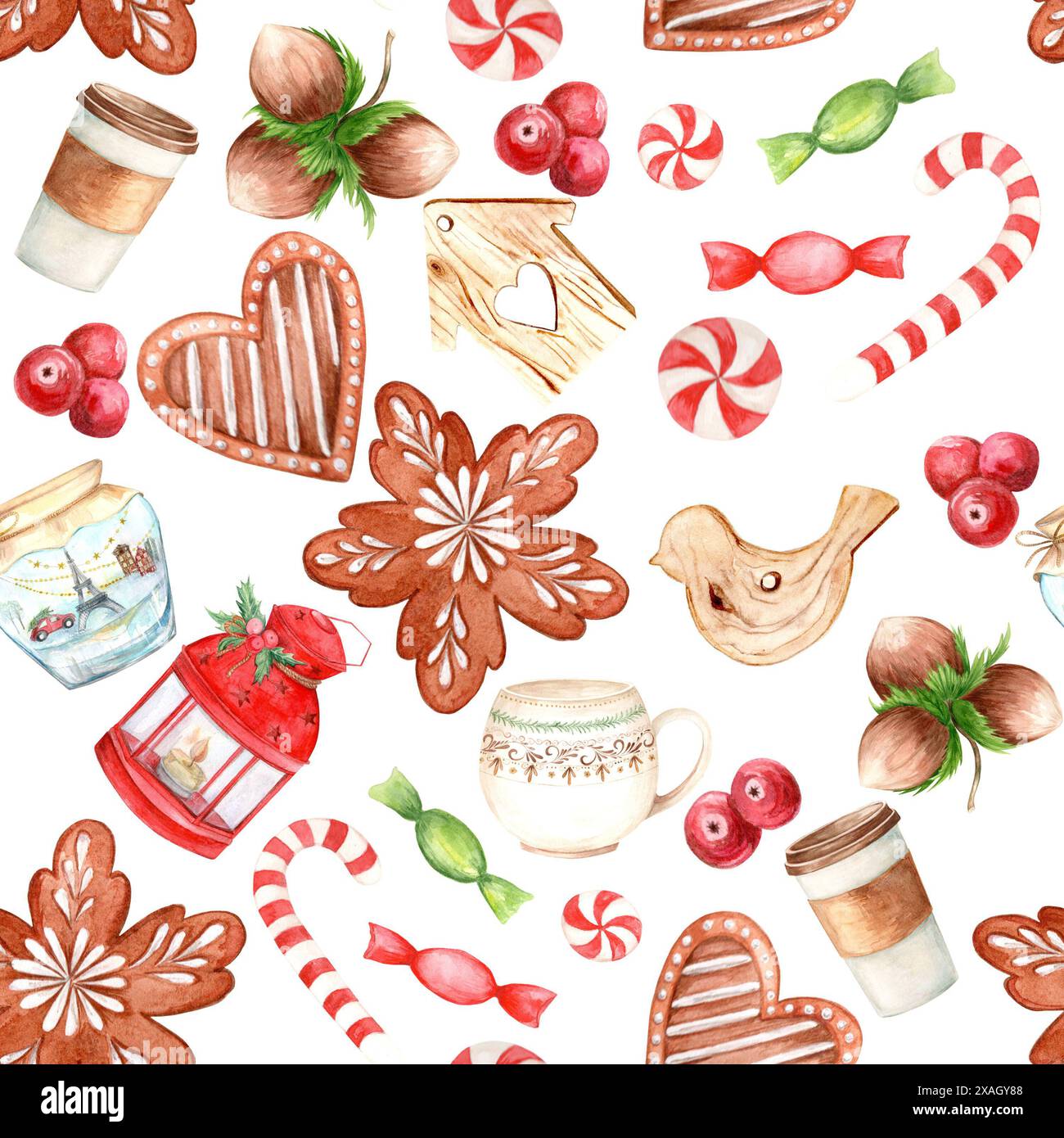 Motivo senza cuciture, Natale e Capodanno 2025 su sfondo bianco. Pan di zenzero e tè, caramelle e giocattoli, noci, vaso di vetro, lanterna, tazza e bicchiere Foto Stock