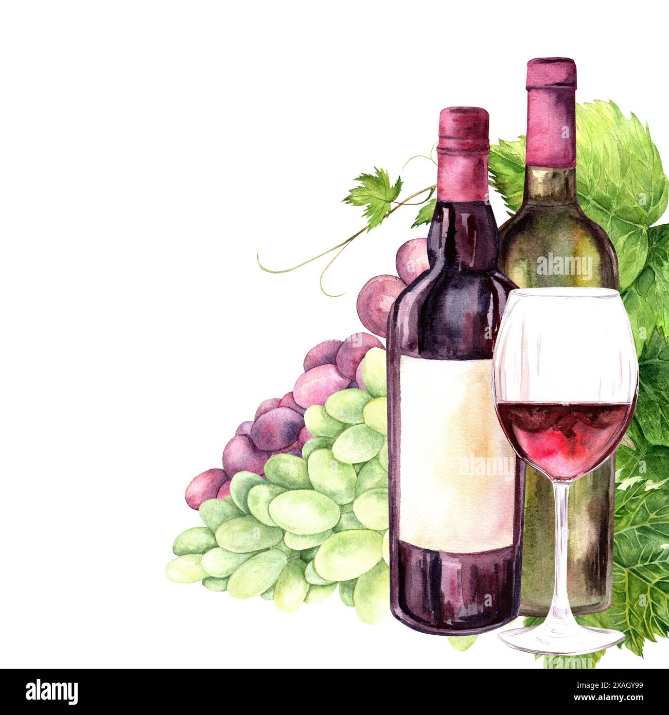 Vino, uva e bicchiere di vino Foto Stock