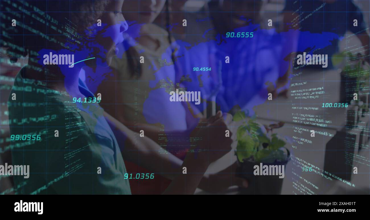 Immagine dell'elaborazione dei dati su scolari diversi che imparano in classe Foto Stock