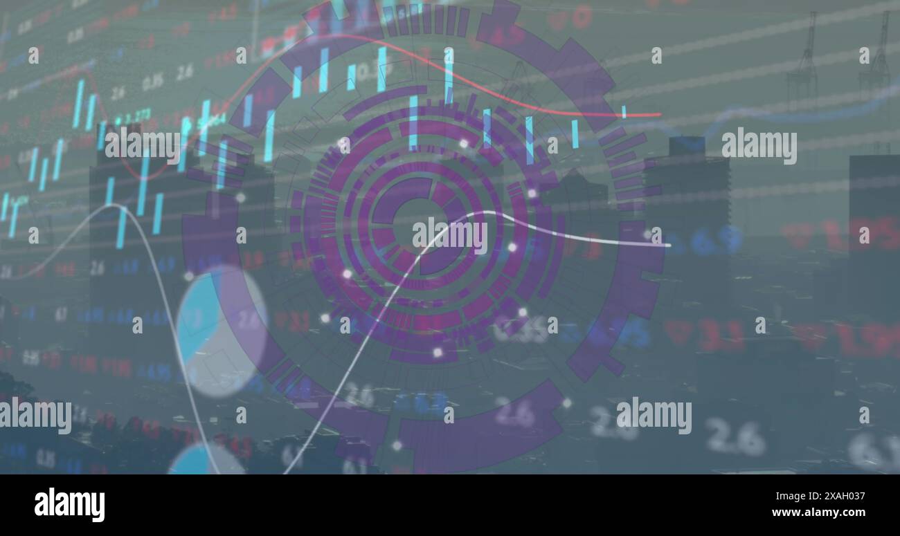 Immagine dell'elaborazione dei dati finanziari su un paesaggio urbano Foto Stock