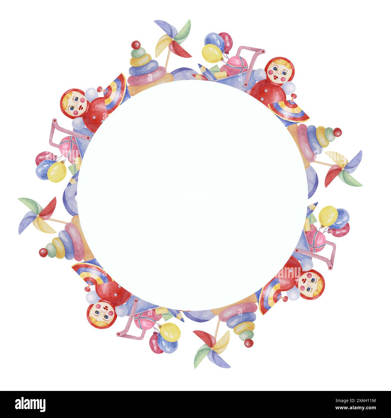 Giocattolo modello con cornice circolare, bambola con ruota dentata, codolo, palloncini, carrello blu e matite. Oggetti di gioco acquerello per compleanno, rivelazione di genere, battesimo, scheda di annuncio della nascita, invito alla data di gioco Foto Stock