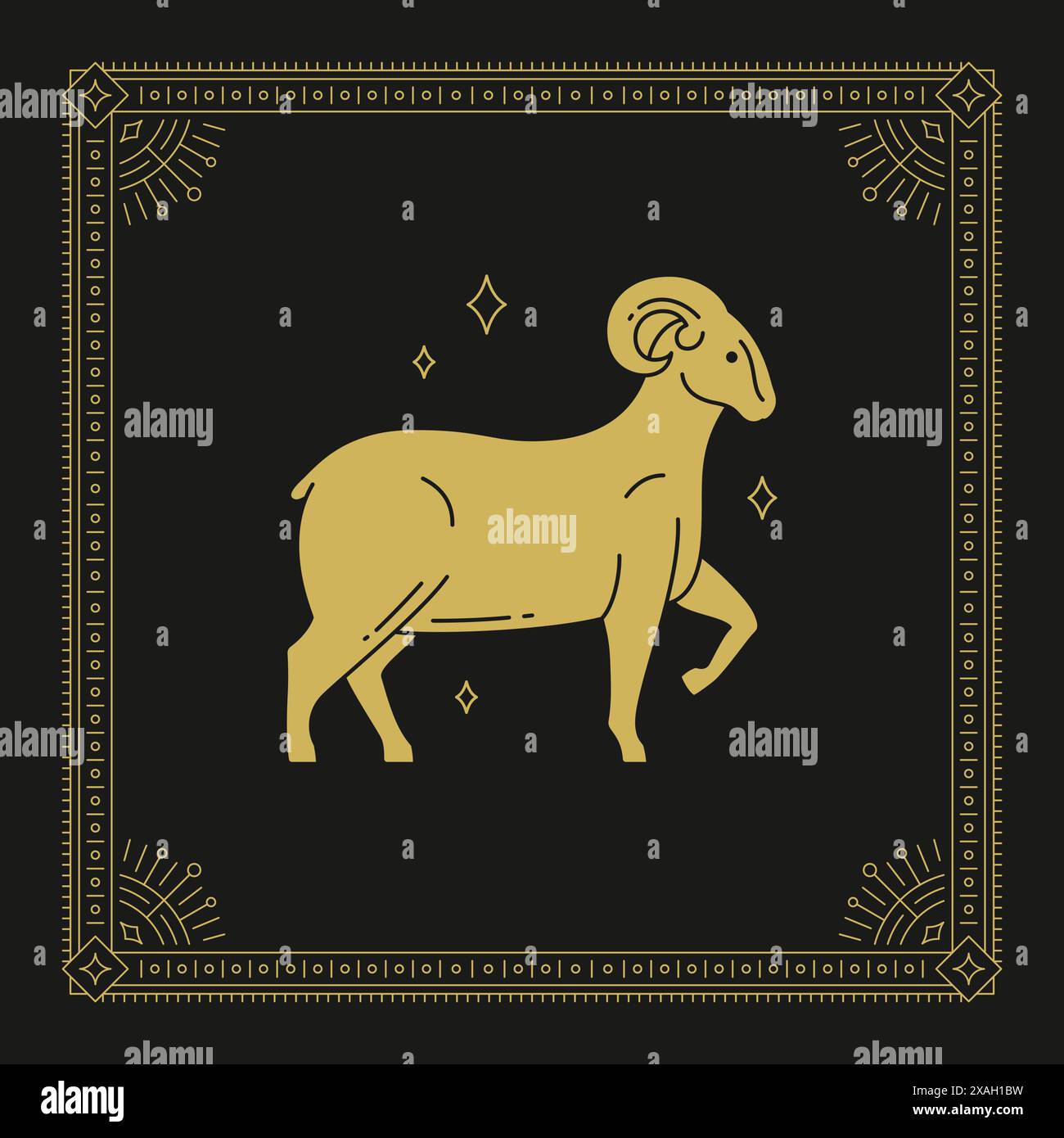 Astrologia zodiacale di Ariete, carta d'epoca art deco vintage con sfondo nero. RAM ha suonato il personaggio animale Illustrazione Vettoriale