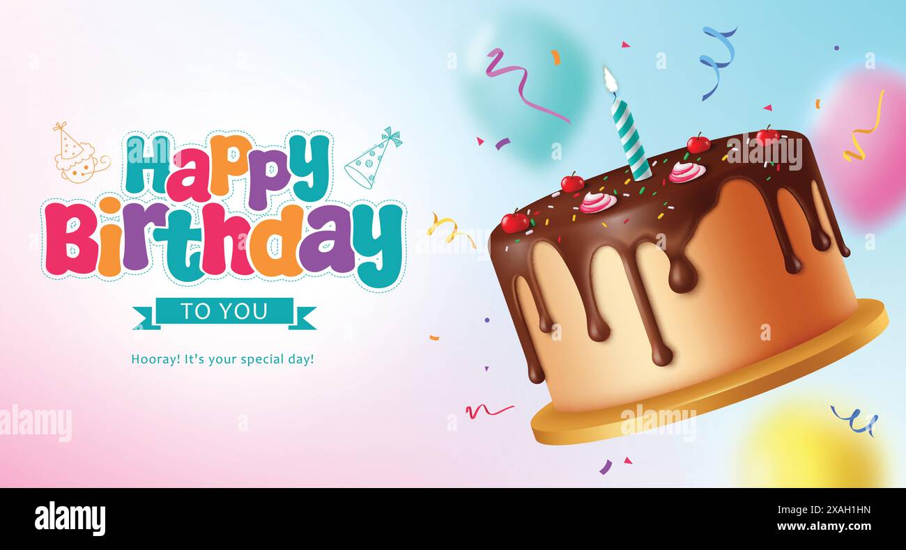 Auguri di buon compleanno, design vettoriale. Testo di auguri di compleanno con dolce al cioccolato con elementi decorativi per coriandoli per biglietto d'invito Illustrazione Vettoriale