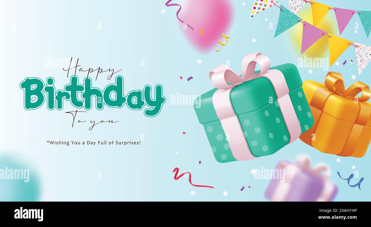 Auguri di buon compleanno, design vettoriale. Testo di auguri di compleanno con confezioni regalo, coriandoli e elementi decorativi per la carta d'invito Illustrazione Vettoriale