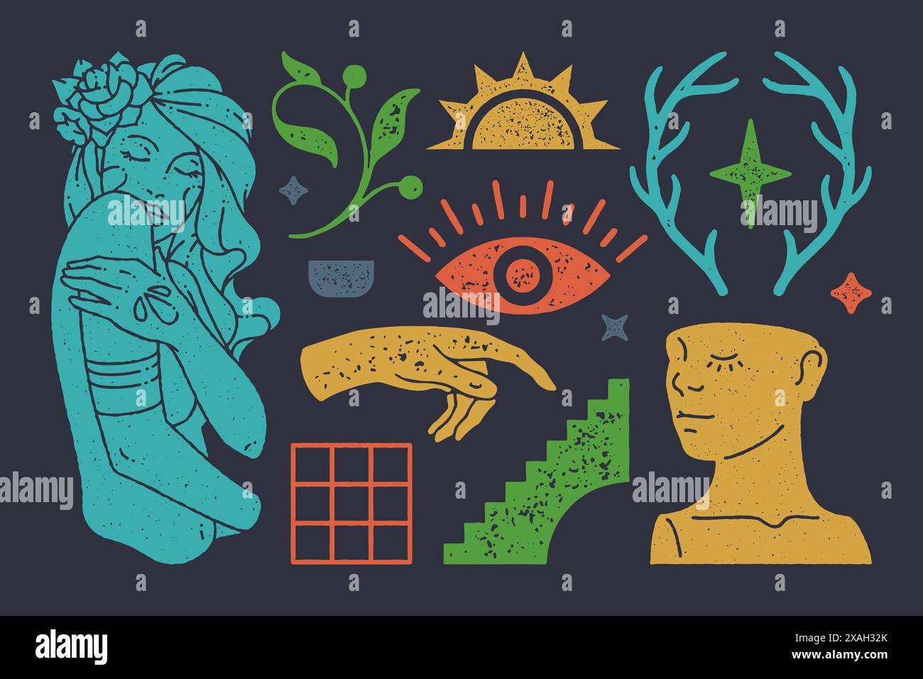 Donna antica mistica che si tiene la spalla con un fiore boho. Occhio magico con la mano rivolta in avanti. Busto scultoreo dell'uomo addormentato con corna. Risi Illustrazione Vettoriale