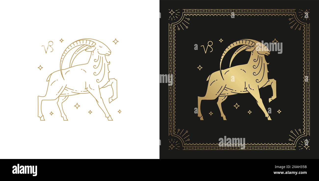 capricorno zodiacale oroscopo segno line art design silhouette illustrazione vettoriale. Emblema del capricorno zodiaco elegante decorativo creativo per astrologia lineare Illustrazione Vettoriale