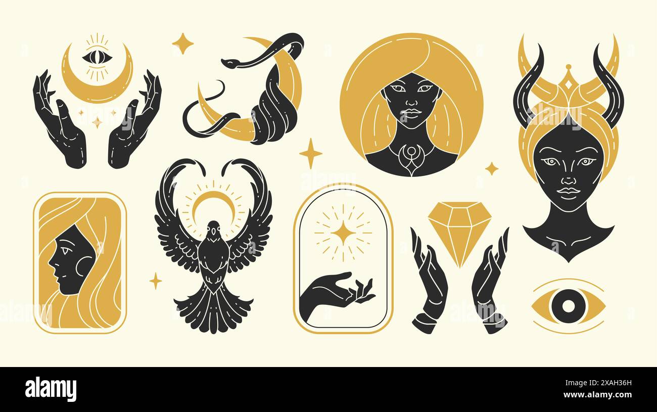 Le illustrazioni vettoriali di donne femminili graziose e i simboli esoterici. Elementi di design misteriosi e stregonici per la moda Illustrazione Vettoriale