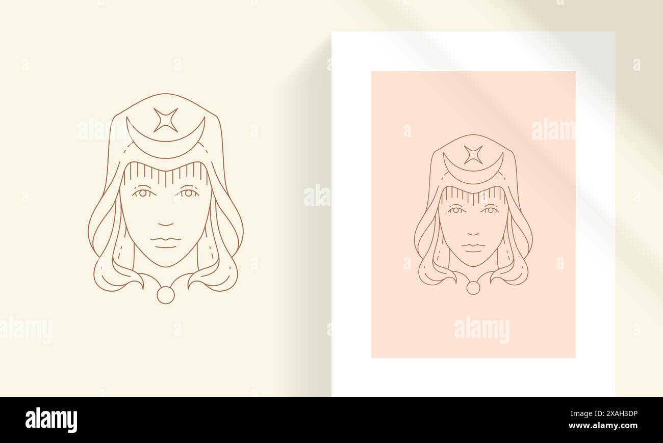 Faccia femminile magica con illustrazione vettoriale in stile arte della linea lunare. Disegno lineare boho mistico da donna per poster e decorazioni con logo di pratiche esoteriche Illustrazione Vettoriale