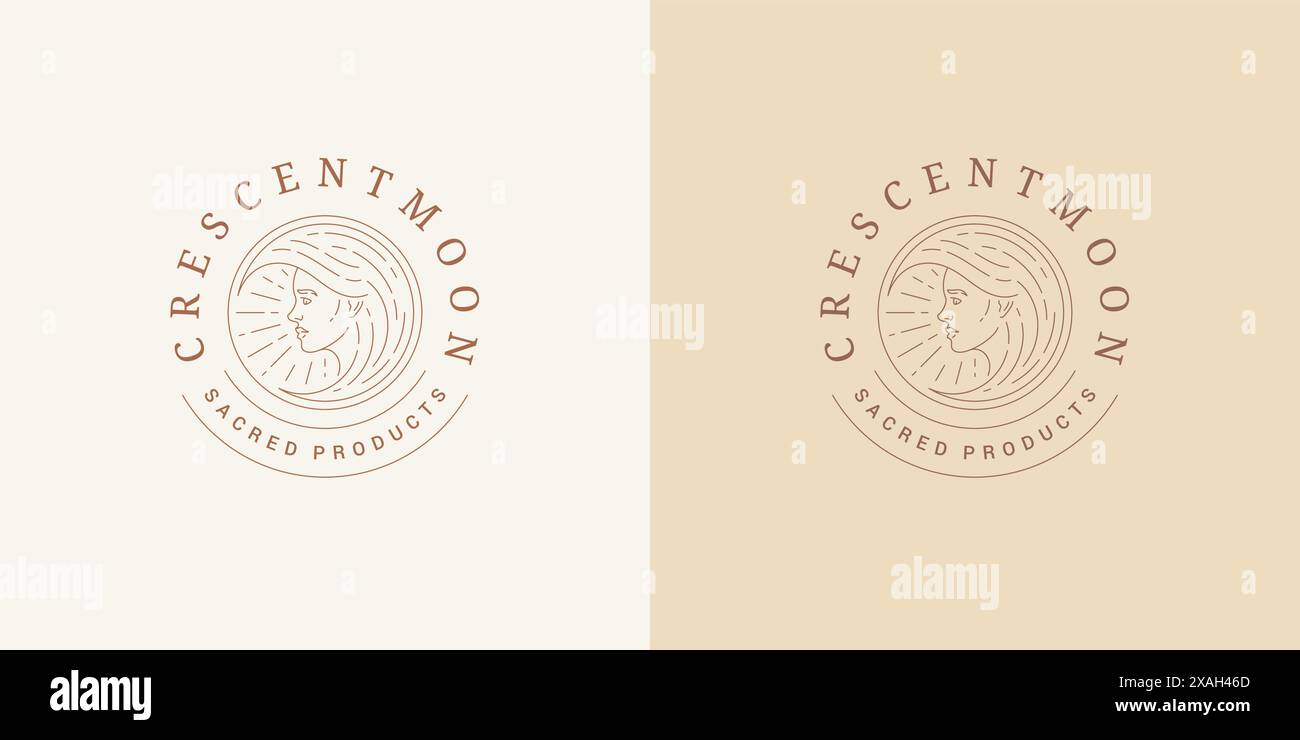 Ritratto femminile come emblema con logo luna mezzaluna modello illustrazione vettoriale in stile minimalista. Silhouette lineare per il viso di una donna per un look esoterico Illustrazione Vettoriale