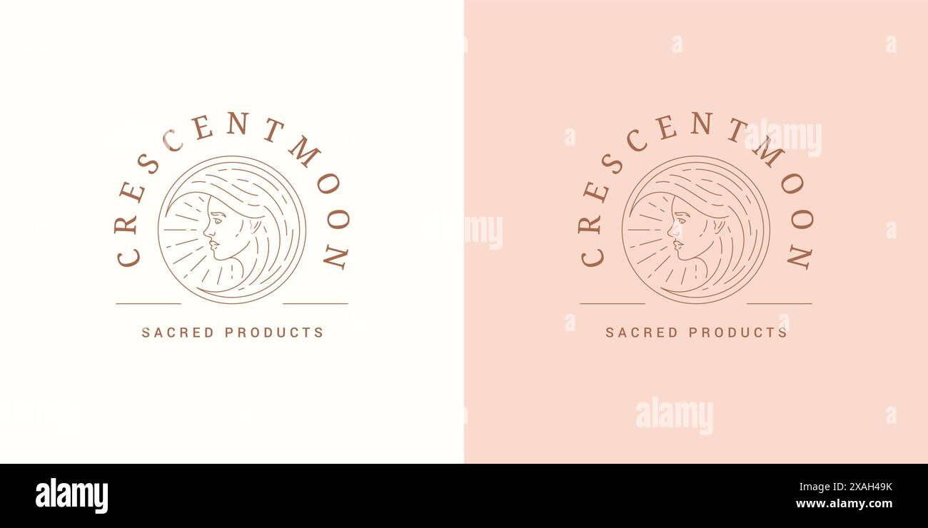 Ritratto femminile come emblema con logo luna mezzaluna modello illustrazione vettoriale in stile minimalista. Silhouette lineare per il viso di una donna per un look esoterico Illustrazione Vettoriale