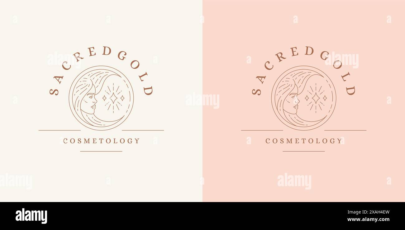 Ritratto femminile come emblema con logo luna mezzaluna modello illustrazione vettoriale in stile minimalista. Silhouette lineare per il viso di una donna per un look esoterico Illustrazione Vettoriale