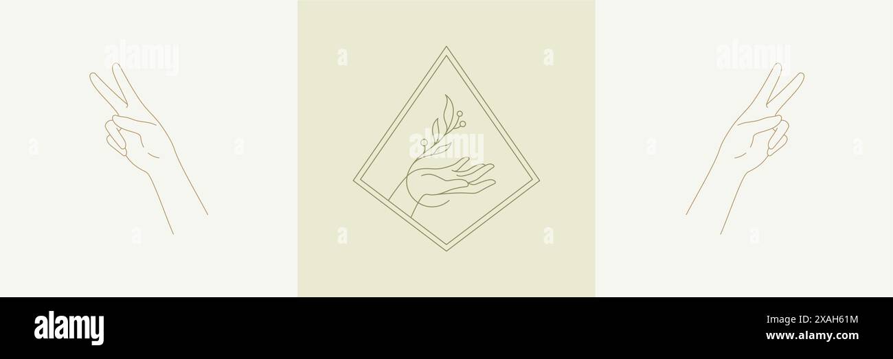 Gesti delle mani della donna in un set di illustrazioni vettoriali in stile boho lineare. Emblemi bohémien dalle linee dorate per il design del logo e il marchio magico. Illustrazione Vettoriale