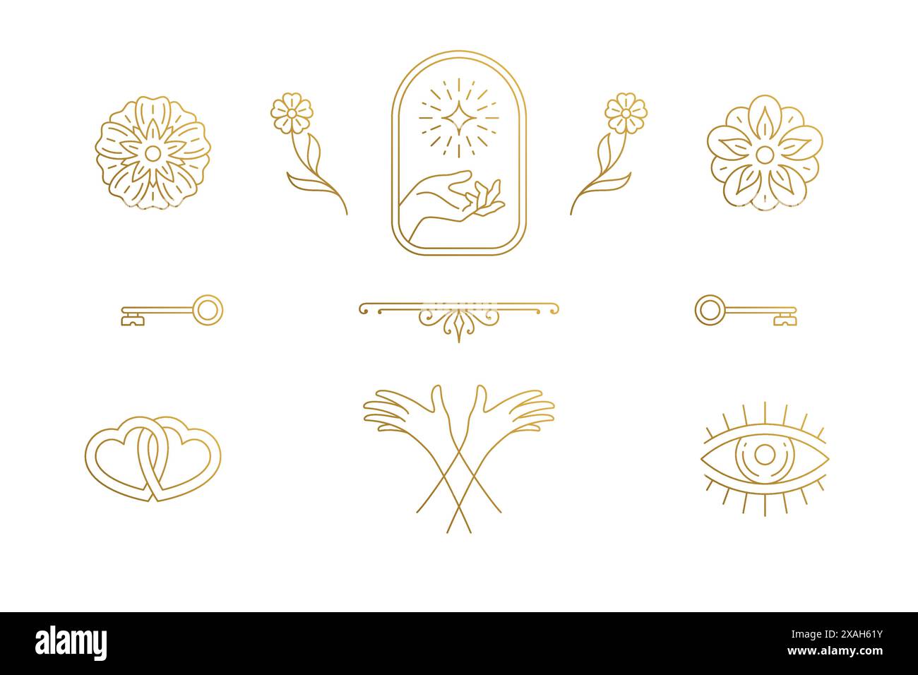 Linea vettoriale elementi di design eleganti - fiori e gesti mani illustrazioni stile minimale lineare. Collezione bohémien delicata Illustrazione Vettoriale